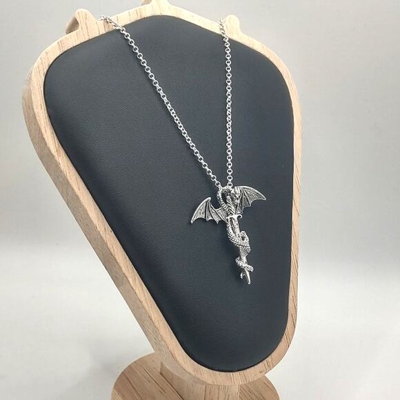 925 Sterling Silver Necklace W/ Dragon Sword Fanta Valentine's Birthday Gift NEW